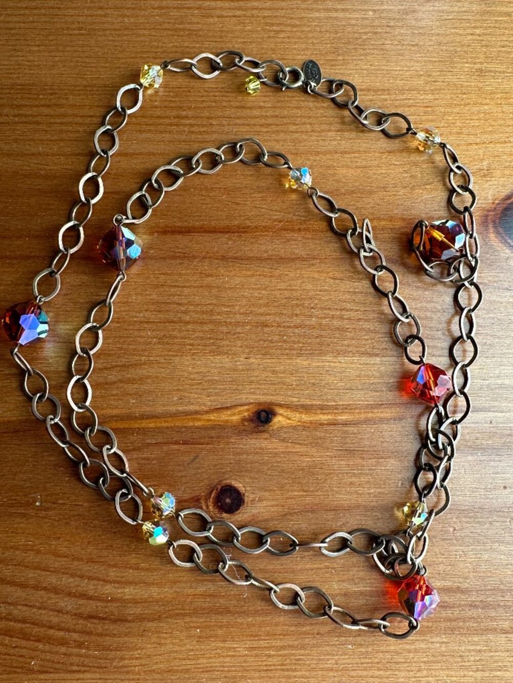 Vintage LIZ PALACIOS S.F. Bronze Orange Red Crystal Chain Necklace 42 inch Long